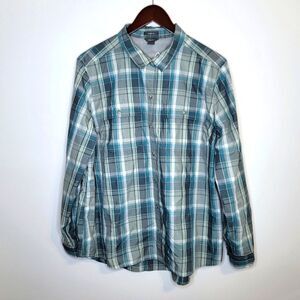Eddie Bauer Women's Teal and Gray Classic Fit Plaid Button Up Shirt Size XL
